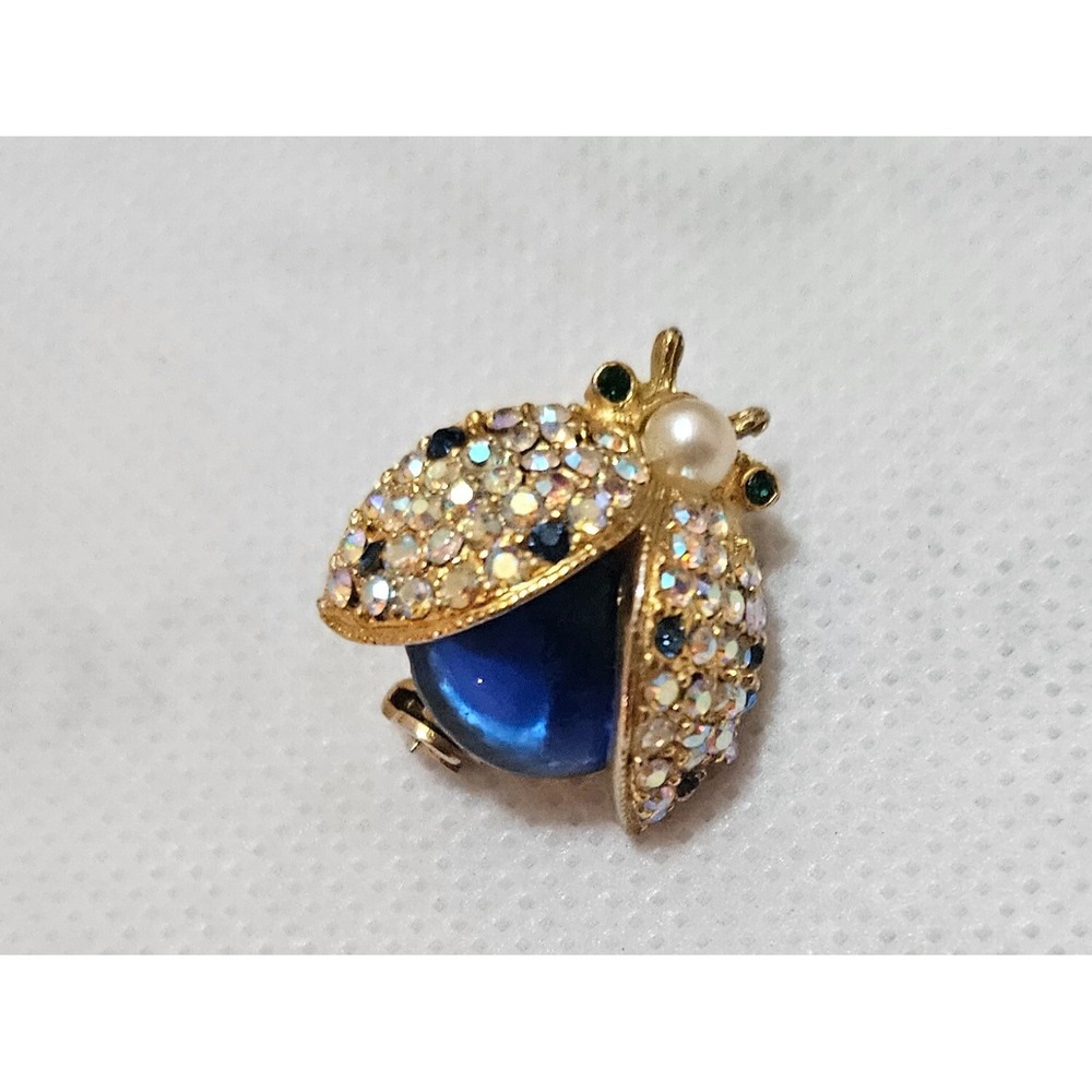 Sparkling Ladybug Brooch Pin Rhinestone Pearl Blue Gemstone Gold Tone - Picture 13 of 16
